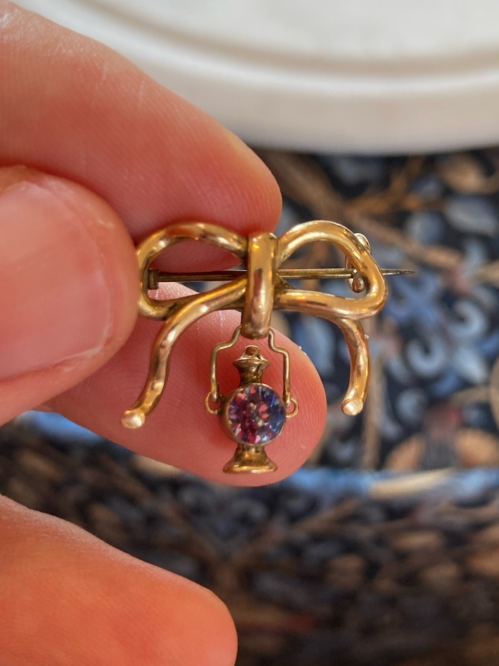Antique Victorian Tiny Gold-Filled Bow & Dangling Lantern Charm Paste Brooch